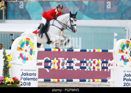 Jakarta, Indonesia. 28 Agosto, 2018. Toshiki Masui (JPN) : equestre di salto di qualificazione individuale a Jakarta Equestre Internazionale Park durante il 2018 Jakarta Palembang giochi asiatici in Jakarta, Indonesia . Credito: Naoki Morita AFLO/sport/Alamy Live News Foto Stock