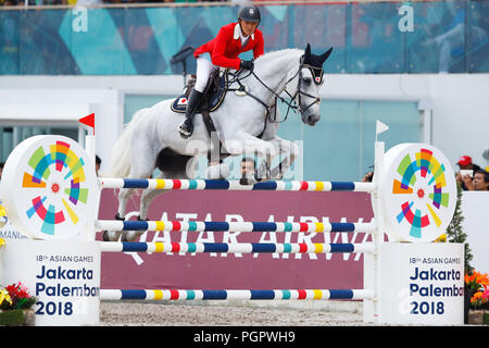 Jakarta, Indonesia. 28 Agosto, 2018. Daisuke Fukushima (JPN) : equestre di salto di qualificazione individuale a Jakarta Equestre Internazionale Park durante il 2018 Jakarta Palembang giochi asiatici in Jakarta, Indonesia . Credito: Naoki Morita AFLO/sport/Alamy Live News Foto Stock