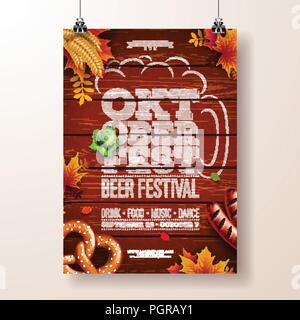 Oktoberfest poster illustrazione vettoriale con la tipografia lettera, pretzel, salsiccia e caduta di foglie di autunno su legno texture dello sfondo. Celebrazione flyer per il modello tedesco tradizionale festa della birra. Illustrazione Vettoriale