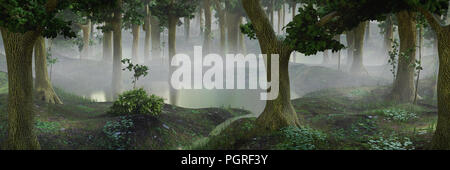 Foggy fantasy forest con stagni Foto Stock