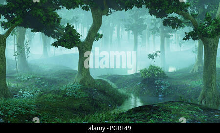Magica e nebbioso fantasy forest con stagni Foto Stock