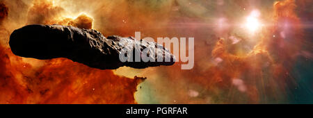Oumuamua comet, oggetto interstellare passando attraverso il sistema solare, di forma insolita asteroide (3d'illustrazione dello spazio banner) Foto Stock