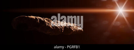 Oumuamua comet, oggetto interstellare passando attraverso il sistema solare, di forma insolita asteroide (3d rendering spazio banner) Foto Stock