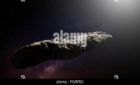 Oumuamua comet, oggetto interstellare passando attraverso il sistema solare, di forma insolita asteroide (spazio 3D render) Foto Stock