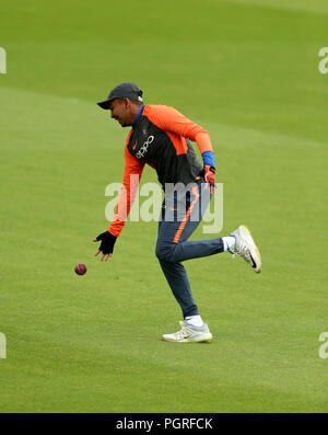 India del Prithvi Shaw durante una sessione di reti presso la ciotola AGEAS, Southampton. Foto Stock