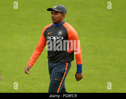 India del Prithvi Shaw durante una sessione di reti presso la ciotola AGEAS, Southampton. Foto Stock