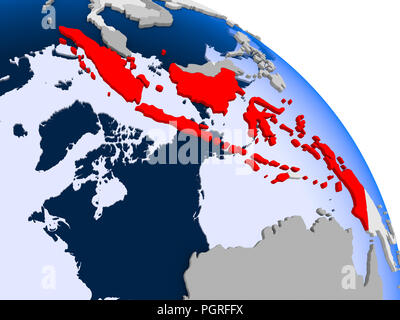 Illustrazione di Indonesia evidenziata in rosso sul globo terrestre con trasparente degli oceani. 3D'illustrazione. Foto Stock