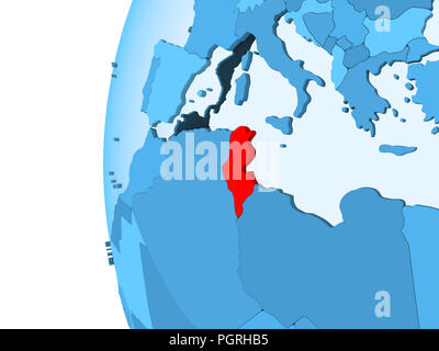 3D render della Tunisia in rosso sul blu globo politico con trasparente degli oceani. 3D'illustrazione. Foto Stock