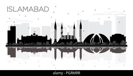 Islamabad in Pakistan dello skyline della città in bianco e nero con silhouette riflessioni. Illustrazione Vettoriale. Piatto semplice concetto per il turismo presentazione, banner Illustrazione Vettoriale