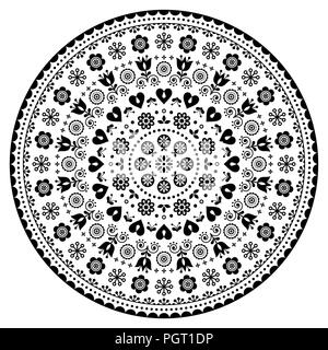 Floral Scandinavian Design mandala, arte popolare vettore seamless pattern con fiori, in bianco e nero con motivi floreali ornamento ripetitive Illustrazione Vettoriale