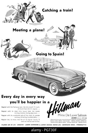 1955 British pubblicità per la Hillman Minx De Luxe berlina automobile. Foto Stock