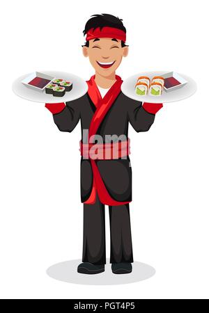 Chef giapponese sushi cottura rotoli. Bel personaggio dei fumetti tenendo due piastre con rotoli di sushi. Illustrazione Vettoriale Illustrazione Vettoriale