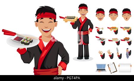 Chef giapponese sushi cottura rotoli. Bel personaggio dei fumetti, pack di parti del corpo, le emozioni e le cose. Rendere il tuo design personale. Illustrazione Vettoriale Illustrazione Vettoriale