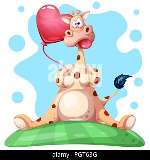 Carino, funny giraffa con cuore palloncino. Illustrazione Vettoriale