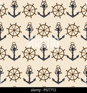 Ancoraggio e volante seamless pattern nautico Illustrazione Vettoriale