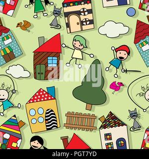 Felice seamless design pattern con riproduzione di bambini e case in infantili stile di disegno Illustrazione Vettoriale