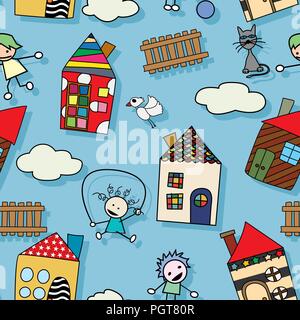 Disegno infantile seamless pattern con case bambini e animali Illustrazione Vettoriale