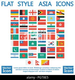 Icone della collezione di bandiere Asia in stile piatto Illustrazione Vettoriale