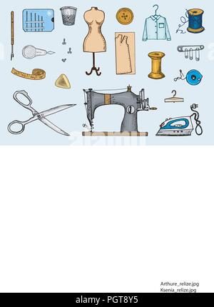 Set di strumenti di cucitura e materiali o elementi per il ricamo. Attrezzature artigianali. Sartoria per etichette, badgess. filo e ago, manichino. incisi disegnati a mano realistico nel vecchio schizzo vintage. Illustrazione Vettoriale