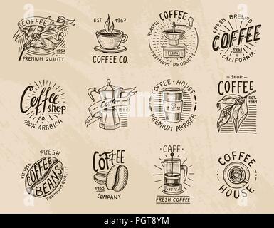 Logo di caffè. moderni elementi d'annata per il negozio menu. Illustrazione Vettoriale. Decorazione design collection per badge di stile di calligrafia per telai, etichette. incisi disegnati a mano nel vecchio sketch. Illustrazione Vettoriale