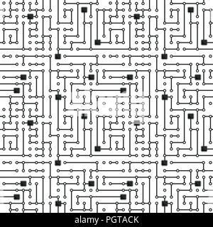 Circuito integrato del computer seamless pattern in bianco e nero Illustrazione Vettoriale