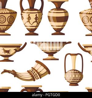 Modello senza giunture. Greco collezione di ceramiche. Anfora con schemi, rhyton, Kylix. Greco o la cultura romana. Il colore marrone e modelli. Vettore di piana illust Illustrazione Vettoriale