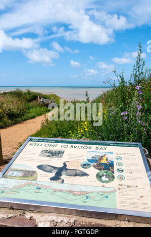 Una scheda interpretativa sul percorso verso la spiaggia e il mare a Brook Bay sull'Isola di Wight. Foto Stock