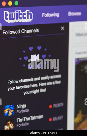 New york, Stati Uniti d'America - 28 agosto 2018: Twitch menu Service sul computer lo sfondo della schermata Vista ravvicinata Foto Stock