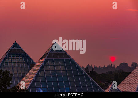 Sole sorge attraverso il fumo riempita sky, Muttart Conservatory Piramidi di Edmonton, Alberta, Canada. Foto Stock