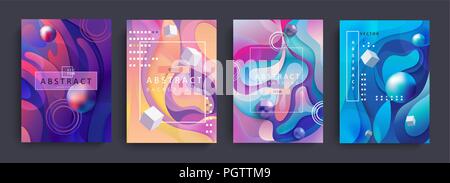 Set di 4 Abstract sfondi sfumati e baners con forme ondulate, cerchi, cubi e sfere. Colorato e sfondo digitale per la pubblicità e la commercializzazione in dinamica, forme di fluido.illustrazione vettoriale. Illustrazione Vettoriale
