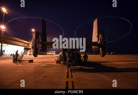 Aria Commandos con la 801st Operazioni Speciali squadrone manutenzione ispezionare un CV-22 Osprey tiltrotor aeromobile, 24 agosto 2018, a Hurlburt Field, Florida. Più aeromobili assegnati al primo Special Operations Wing ha preso il via dal campo Hurlburt per eseguire un cavalcavia presso la Air Force Memorial in onore di U.S. Air Force Tech. Sgt. John Chapman, che postumo è stato premiato con la medaglia d'Onore per eroismo straordinario. (U.S. Air Force photo by Staff Sgt. Ryan Conroy) Foto Stock