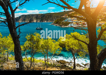 Bella baia pittoresca con acqua di mare circondata da alberi di pino. Assos villaggio mediterraneo, Grecia. Vacanze estive sull'isola greca Foto Stock