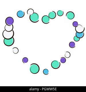 Cuore cornice punti con pop art coriandoli sfondo. Grandi macchie colorate, spirali e cerchi su bianco. Illustrazione Vettoriale. Elegante kids splatter di bir Illustrazione Vettoriale