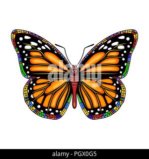 Butterfly machaon su uno sfondo nero. Vector bellissima coda forcuta boho t-shirt design. Mistico simbolo esoterico di libertà, viaggi, turismo. Illustrazione Vettoriale