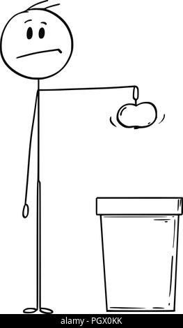 Cartoon dell uomo in possesso di un Apple e pronto a gettarla nel bidone dei rifiuti Illustrazione Vettoriale