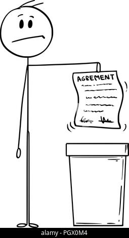 Cartoon di uomo o imprenditore gettando un accordo nel bidone dei rifiuti Illustrazione Vettoriale