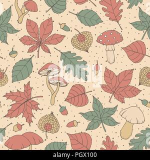 Vector autunno seamless pattern con la quercia, il pioppo, faggio, Aspen e ippocastano foglie, funghi, ghiande e physalis sul beige bac punteggiata Illustrazione Vettoriale