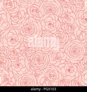 Vector seamless pattern con rose fiori delineano su sfondo rosa. Disegnato a mano ripetere floreali ornamento di fiori in stile sketch. Utilizzabile per il wr Illustrazione Vettoriale