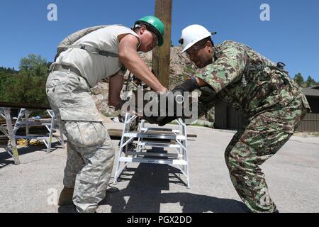 Stati Uniti Army Spc. Fred Grinnell con la 155Engineer Company, South Dakota la Guardia Nazionale e il Suriname Sgt. Vikash Boedhai dalla Società Maitenance del Suriname, Suriname Defence Force, fissare un travetto durante una riparazione ponte progetto a sostegno del Golden Coyote, Deadwood, S.D., 15 giugno 2018. Il Golden Coyote è un esercizio a tre-fase, scenario di esercizio di condotta condotta in Black Hills del Sud Dakota e Wyoming, quali comandanti permette di concentrarsi sulla missione requisiti essenziali per lo svolgimento delle attività e le attività del guerriero e punte di battaglia. Foto Stock