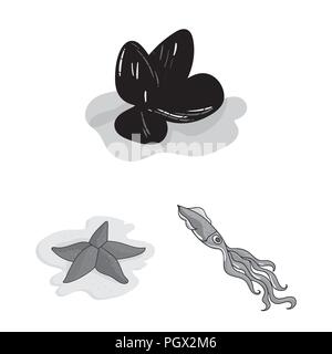 Una varietà di animali marini icone monocromatiche in set di raccolta per il design. Pesci e crostacei simbolo vettore illustrazione stock. Illustrazione Vettoriale