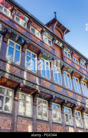 La facciata della storica macellai Guild Hall edificio in Hildesheim, Germania Foto Stock
