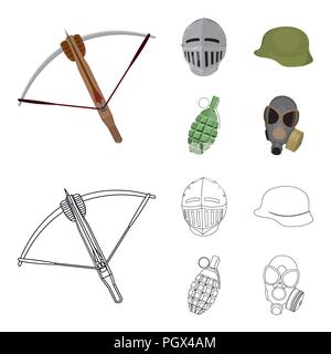 Crossbow, casco medievale, soldato casco, bombe a mano. Armi set di icone di raccolta in cartoon,Outline stile simbolo vettore illustrazione stock . Illustrazione Vettoriale