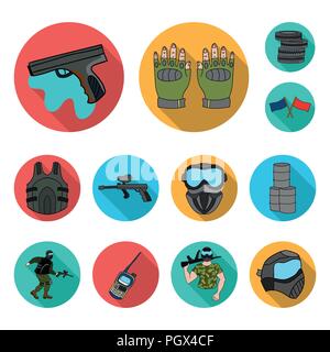 Il paintball, team gioco piatto icone nella raccolta di set per il design. Attrezzature e abbigliamento simbolo vettore illustrazione stock. Illustrazione Vettoriale