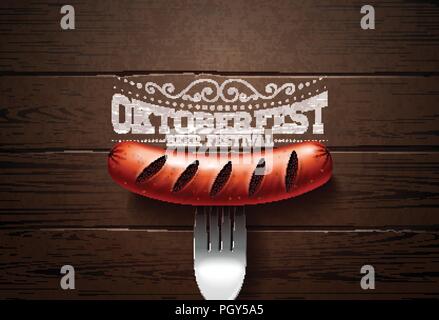 Oktoberfest illustrazione con la tipografia di scritte, salsiccia e forcella su vintage Sfondo legno. Vacanze design vettoriali per il biglietto di auguri, banner, flyer, invito o poster promozionali. Celebrazione per il modello tedesco tradizionale festa della birra. Illustrazione Vettoriale