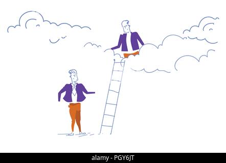 Imprenditore seduta sul cloud azienda scale scala per salire su un collega del team il concetto di cooperazione schizzo doodle piatta illustrazione vettoriale Illustrazione Vettoriale