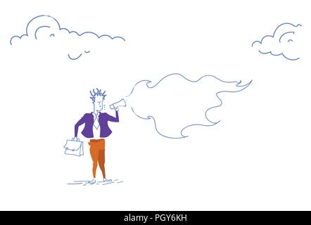 Imprenditore azienda megafono altoparlante altoparlante business team leader concetto di marketing digitale annuncio schizzo doodle orizzontale Illustrazione Vettoriale