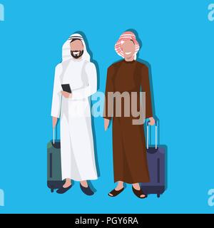 Imprenditori arabo utilizza lo smartphone tenendo valise indossando abiti tradizionali concetto di viaggio maschio personaggio dei cartoni animati avatar sfondo blu a piena lunghezza flat Illustrazione Vettoriale