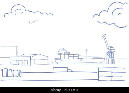 Industriale di porto di mare merci nave gru di erogazione di acqua il concetto di trasporto magazzino spedizioni dock schizzo doodle orizzontale Illustrazione Vettoriale