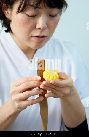 Artigiano Nanami Yoshida dimostra che per rendere dolci di Kyoto a Yoshihiro a Kyoto, in Giappone il 14 nov. 2014. Kyoto è rinomato per i dolci wagashi e o Foto Stock