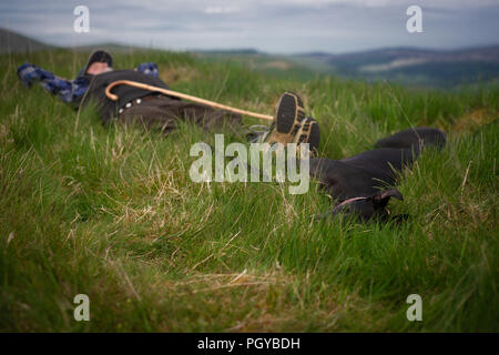 Senior uomo e cane dormire in erba sul pendio di una collina in Scozia rurale Foto Stock